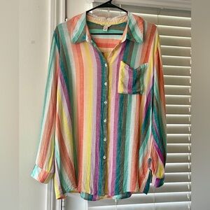 Multicolor Striped roll tab sleeve button down blouse Top size 18/20 Linen